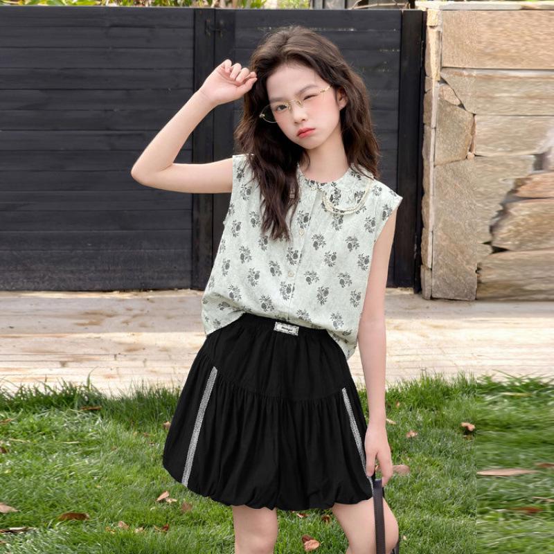 Girls' Floral Cool-Touch Sleeveless Top & Bloom Shorts - New 2026 Korean Style Summer Set