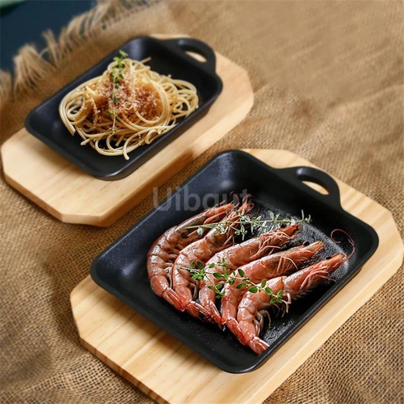 Korean Cast Iron Round Steak Plate Special Dishes Commercial Barbecue Pot Steak Pan Non Stick Plate Barbecue Tray Sizzling Plate