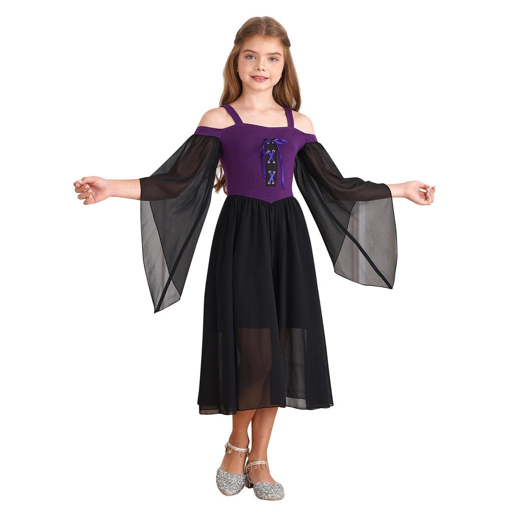 Halloween gotiske kjoler for jenter Butterfly Sleeve Lace Up Dress Cold Shoulder Flowy Medieval Cosplay Dress