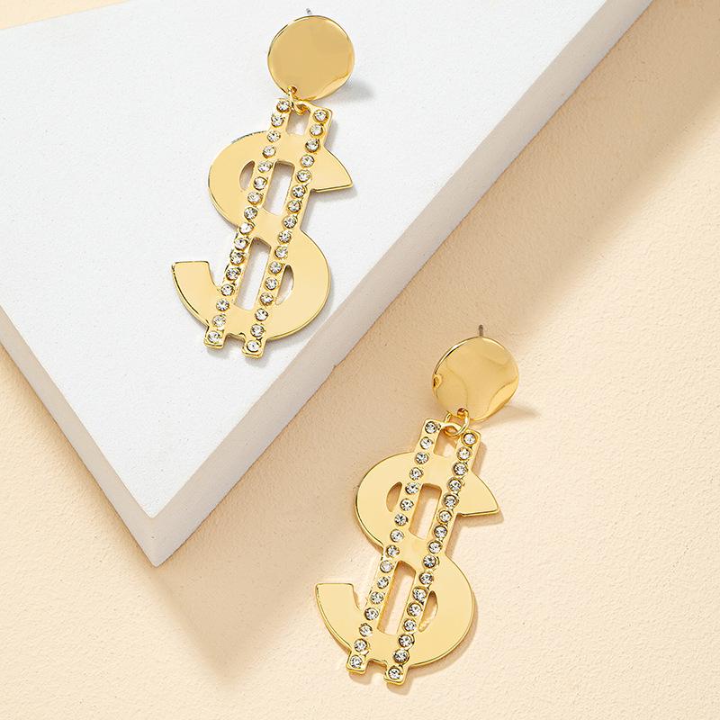 Exaggerated Rhinestone Dollar Sign Hip-Hop Earrings for Women – European & American Style