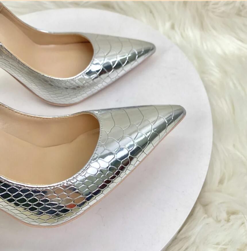 

серебристые блестящие туфли на высоком каблуке женские туфли-лодочки на тонком каблуке с острыми шпильками роскошные сексуальные свадебные туфли для невесты 45