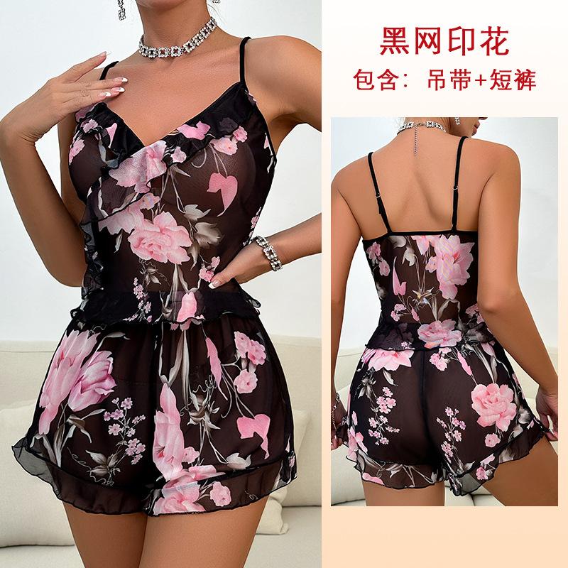 

Сетчатый принт, сексуальные шорты на подтяжках, комплект из двух предметов, оборки по краю, женская одежда для сна L