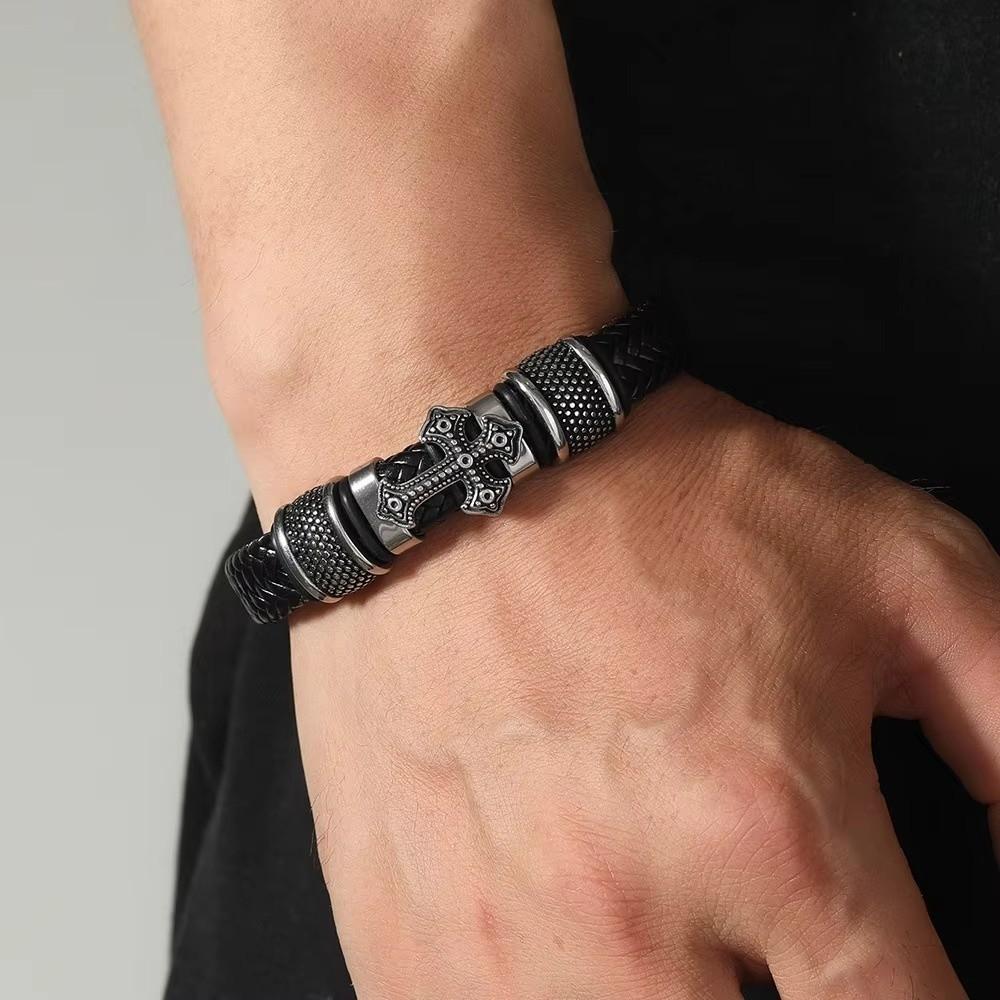 Cross Leather Bracelet Braided Leather Bangle Personality Men's Cross Bracelet  Gift