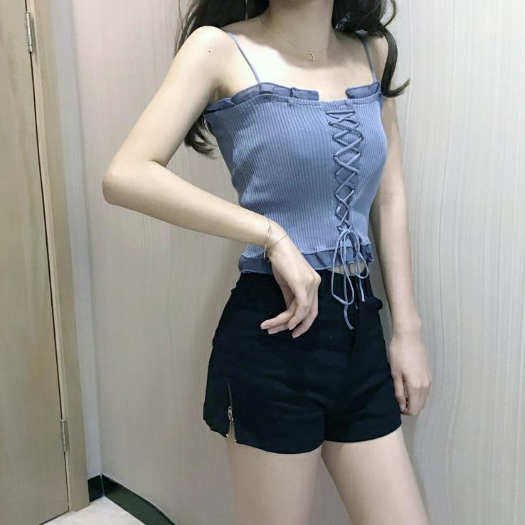 

Summer Women s Korean Style Chiffon Chic Beautiful Back Cross Strappy Sexy Camisole Vest Same Style Versatile L синий