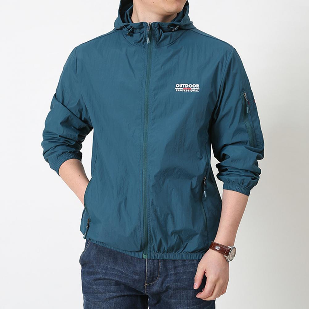 Men Summer Sun Coat Hooded Drawstring Long Sleeve Anti UV Jacket Letter Print Zipper Placket Windbreaker