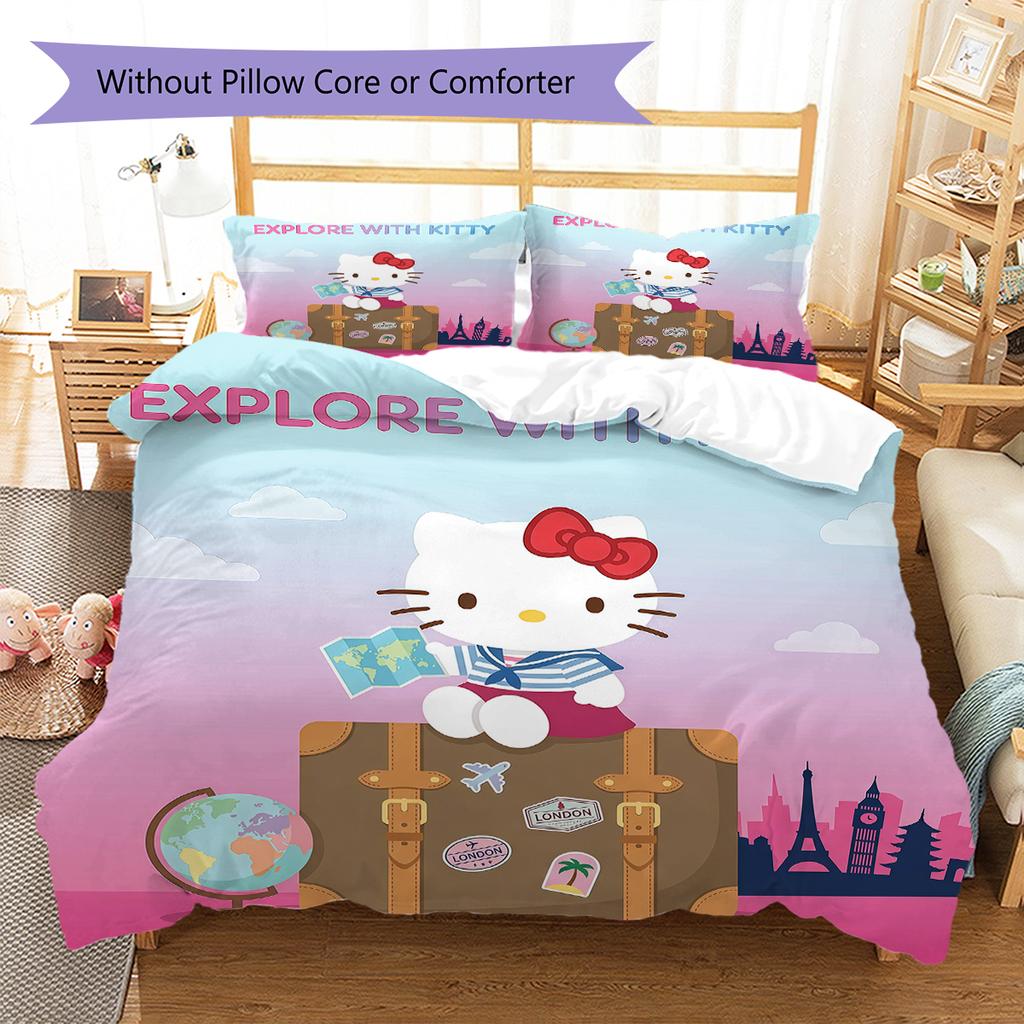 Hello Kitty Cute Pattern Bedding,Quilt Set Quilt Cover Pillowcase Home Birthday Gift(1 * Duvet Cover + 2 * Pillowcase, Without Core)