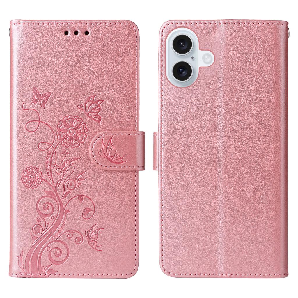 For iPhone 16 Plus Leather Case Butterfly Floral Imprint Wallet Stand Cover