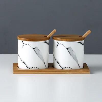 Kitchen seasoning tools ceramic seasoning jar set marble pattern cruet bamboo tray kitchen supplies seasoning box salt shaker