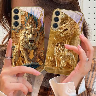 Fantasy Golden Beast For Samsung Galaxy S20 FE S21 S22 S23 Plus S24 Ultra 25Ultra S21+ S9+ S22Plus Golden Glass Phone Case
