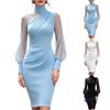 Damen High Neck Langarm Bodycon Midi Kleid für Abendparty, Figurbetont