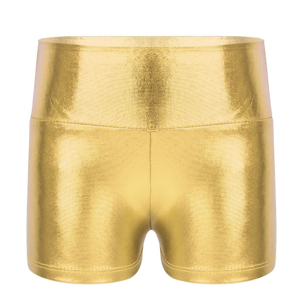 Solid Color Kids Girls Sports Gymnastic Active Wear Metallic Shiny High Waist Dance Shorts