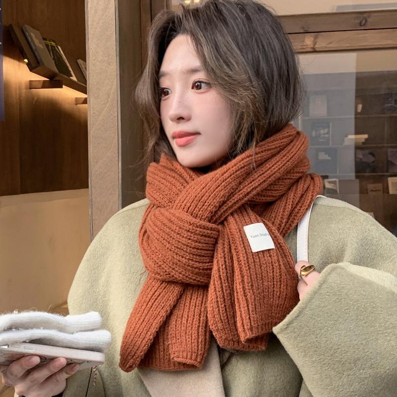 Maillard brown knitted wool small scarf women's winter warmth versatile high-end neck protection couple scarf