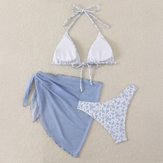 3-tlg./Set Damen Blumenmuster Bikini-Set Neckholder Gepolstert Ohne Bügel BH Schnelltrocknend Badehose Unifarben Überwurf Rock Set Sommer Strandmode