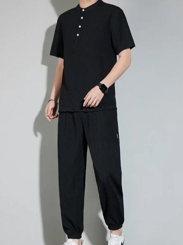Summer Solid Color Ice Silk Sports Breathable Short Sleeve T-shirt Set Men's Casual Loose Large Size Two-Piece Set