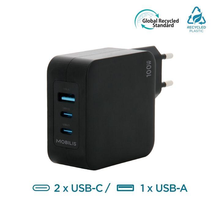 Chargeur Secteur GaN 100W avec Câble 2m 2 USB-C + 1 USB-A, Adaptateur Quick Charge Mural Rapide pour PC, Tablette & Smartphone
