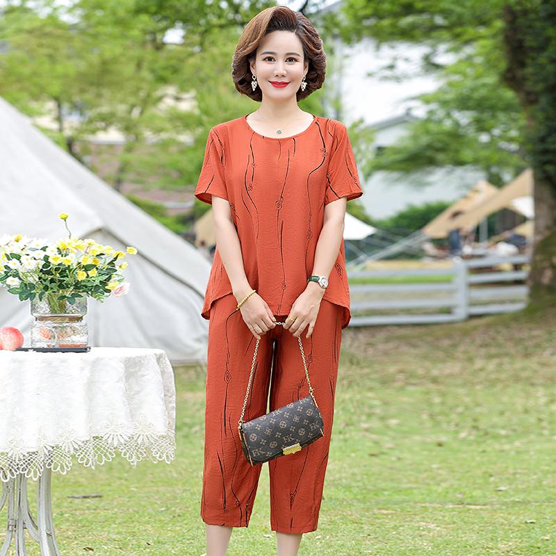 Middle-aged Women Clothing Summer 2 Piece Sets Women's Short Sleeve T-shirt and Harem Pants Loose Woman Suit