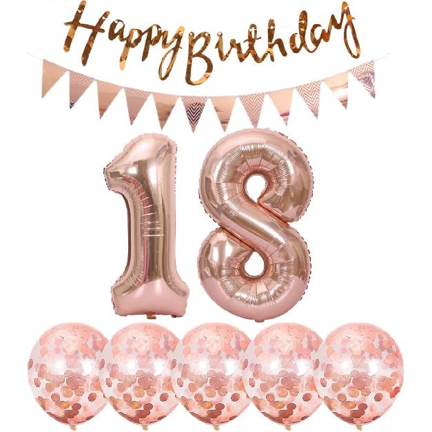2 Balloons Number 18+ Haappy Birthday Garland + Rose Gold Banner Foil Balloon 18th Birthday Decoration+5 Confetti Balloons Boy Girl 18 Year Birthday