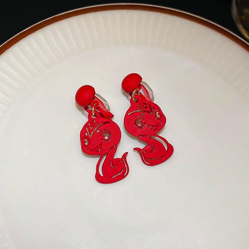 New Year's red flower flocking stud earrings women's niche earrings versatile earrings autumn and winter