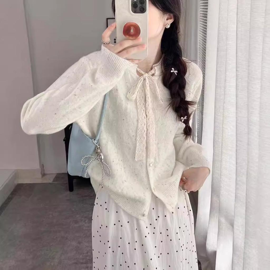 Gentle wind lace strap bow knitted cardigan women's autumn and winter sweet love buckle crew neck sweater jacket