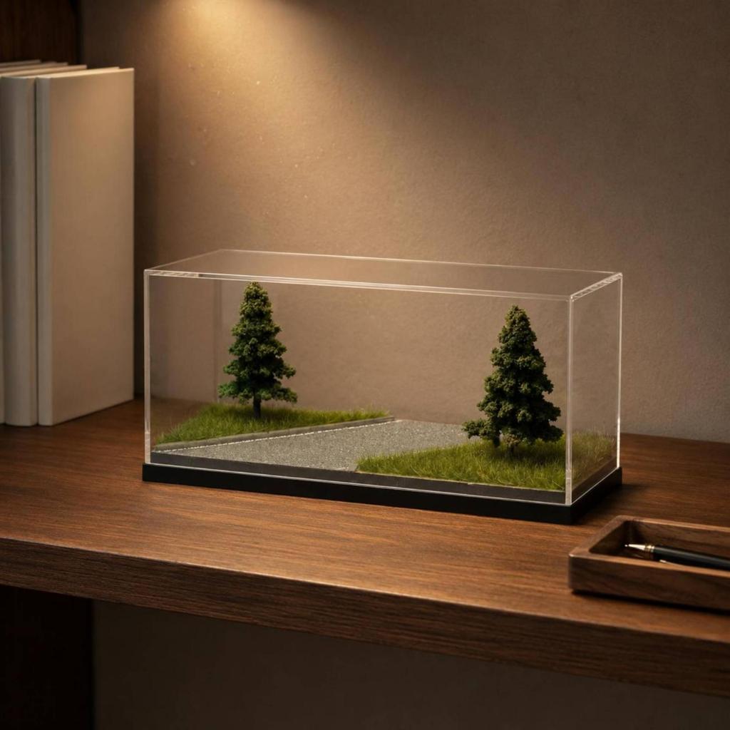 1:64 Car Model Display Case with Road Diorama Gray Roadway Box Artificial Grass