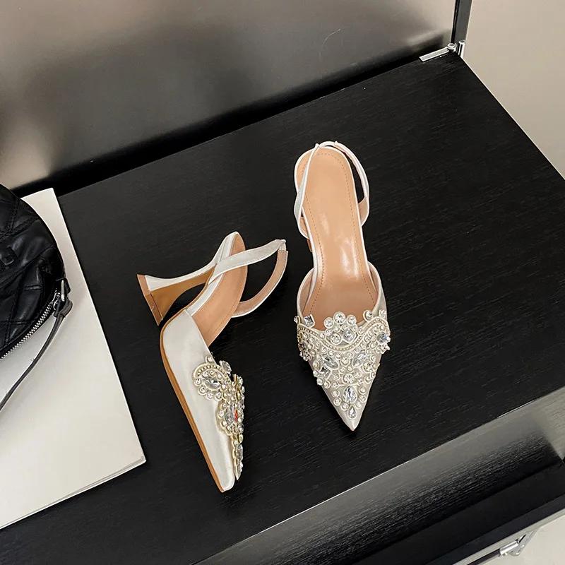 Fashion Strange Style Pointed Toe High Heels Mules Sandals Summer Fashion Crystal Rhinestone Party Wedding Banquet Shoes Pumps