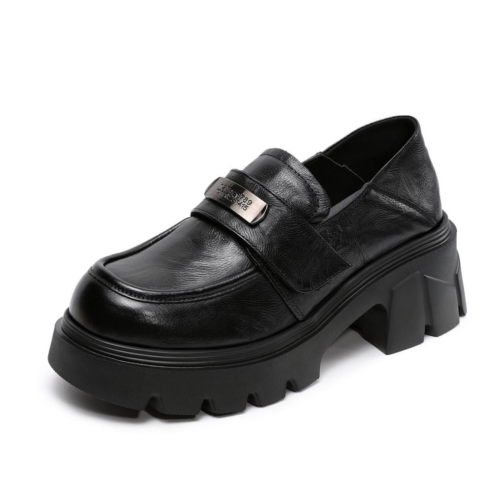 Johnature Genuine Leather Thick Soled Loafers Versatile Pumps Casual Thick High-heeled Women's Shoes