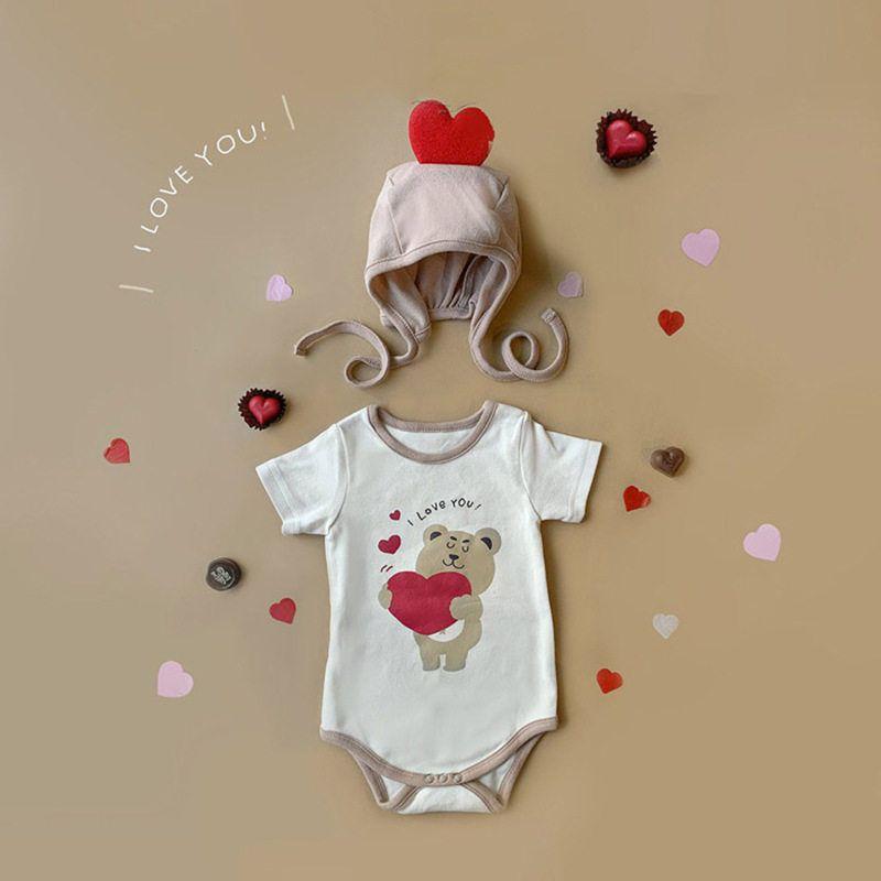 Newborn Baby Clothes Summer Ins Korean Style Cute Cartoon Short-Sleeved Romper Set Thin One-Piece Crawling Suit B16-Short-Sleeved Care Bear Hoodie 80