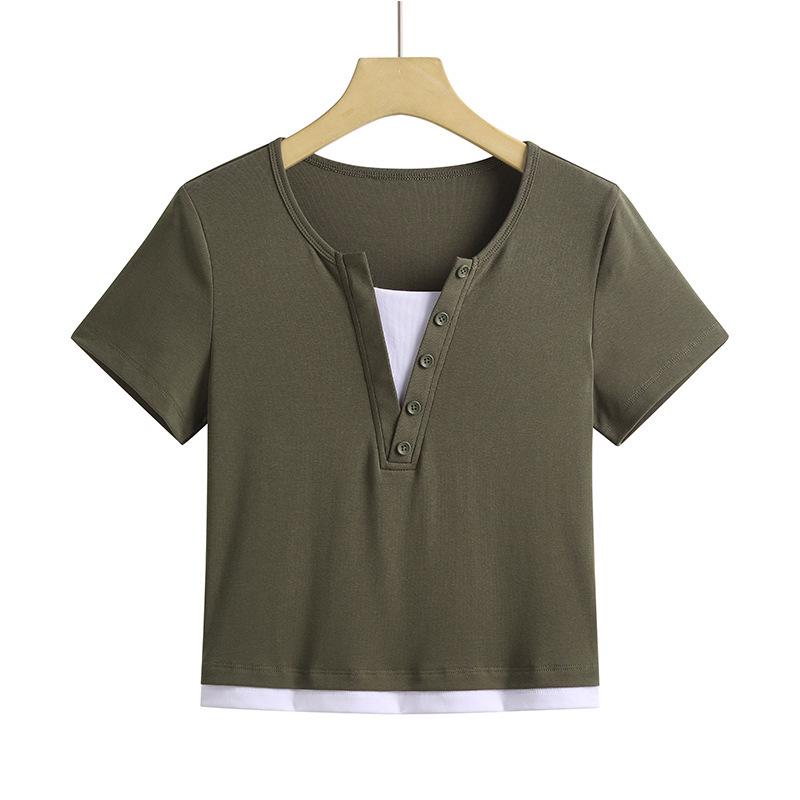 

2025 Korean Style V-Neck Buttoned Two-Piece High-Waist T-Shirt Blouse - Cotton Short-Sleeved Summer Fashion XL