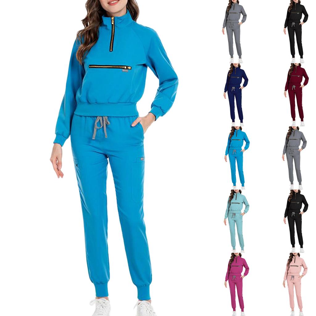 Ladies' Loose And Comfortable V-neck Long Sleeved Stand Up Collar Workwear With Multiple Pockets Suit Set