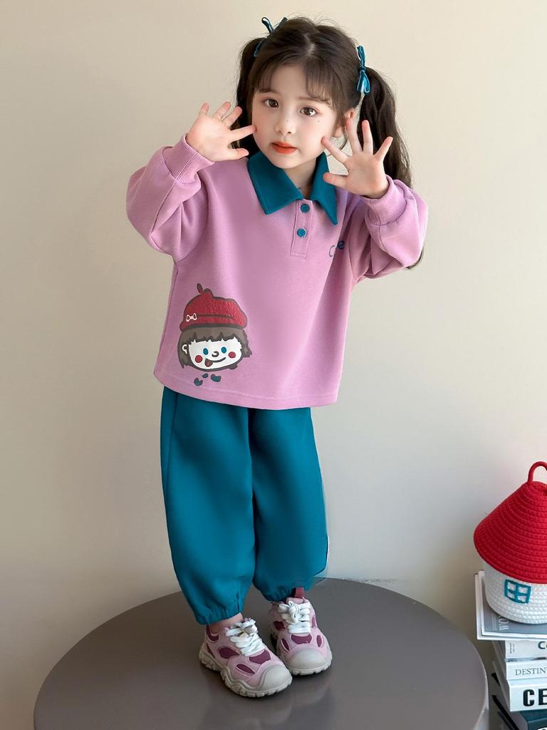 2025 Girls' Korean Style Autumn Two-Piece: Color Block Sweatshirt & Green Pants Set