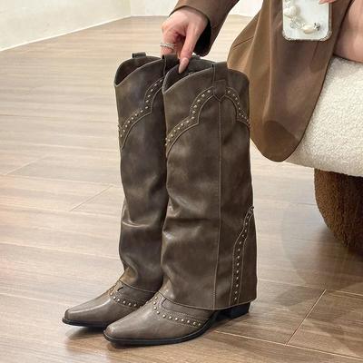 Damen Cowboystiefel Mode Schlupf Damen Elegant Quadratischer Absatz Langer Schaft Stiefel Schuhe Retro Damen Winter Schuhwerk
