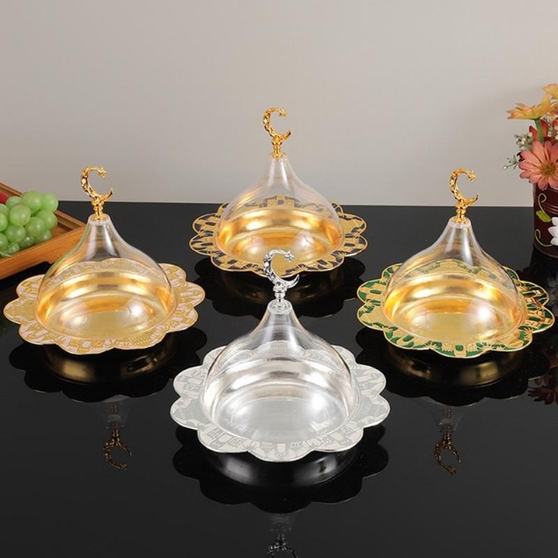 Eid al-Fitr Circle Shape Fruit Tray,Golden With lid Acrylic Alloy Tea Disc Home Cheese Food Plate,Snack Disc Table Decoration