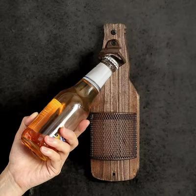 1Pc Wall Mounted Bottle Opener Portable Wooden Bottle Opener With Caps Catcher Kitchen Gadget Space Saving Home Decoration