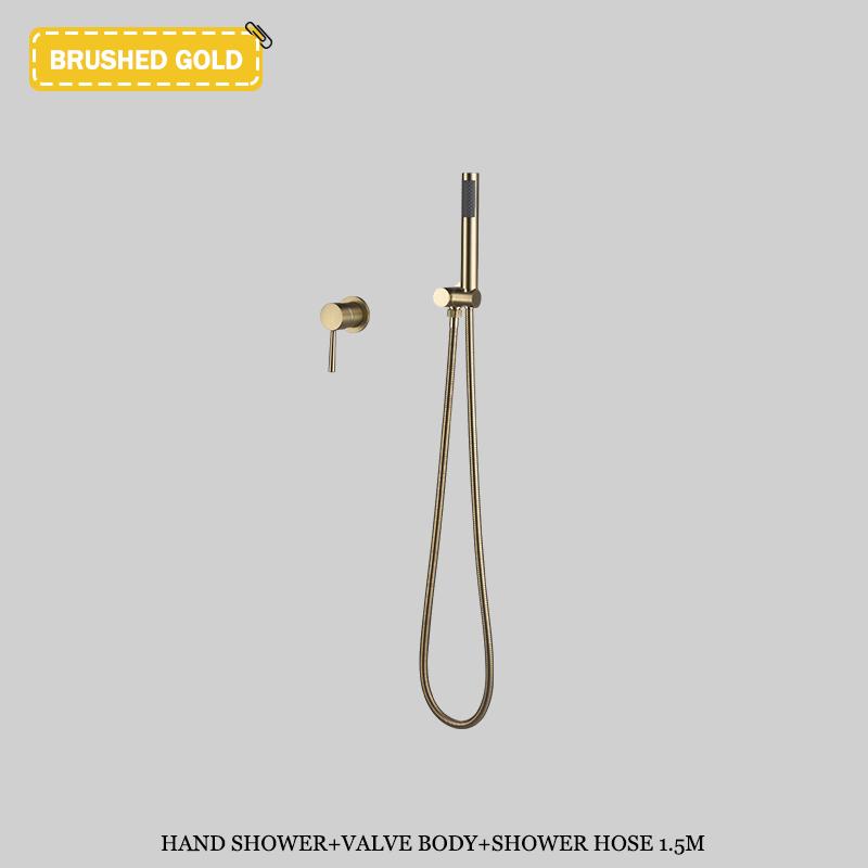 Luksusowy zestaw prysznicowy ścienny w kolorze szczotkowanego złota, ukryty system prysznicowy, mosiężna bateria mieszająca wodę ciepłą i zimną, deszczownica łazienkowa