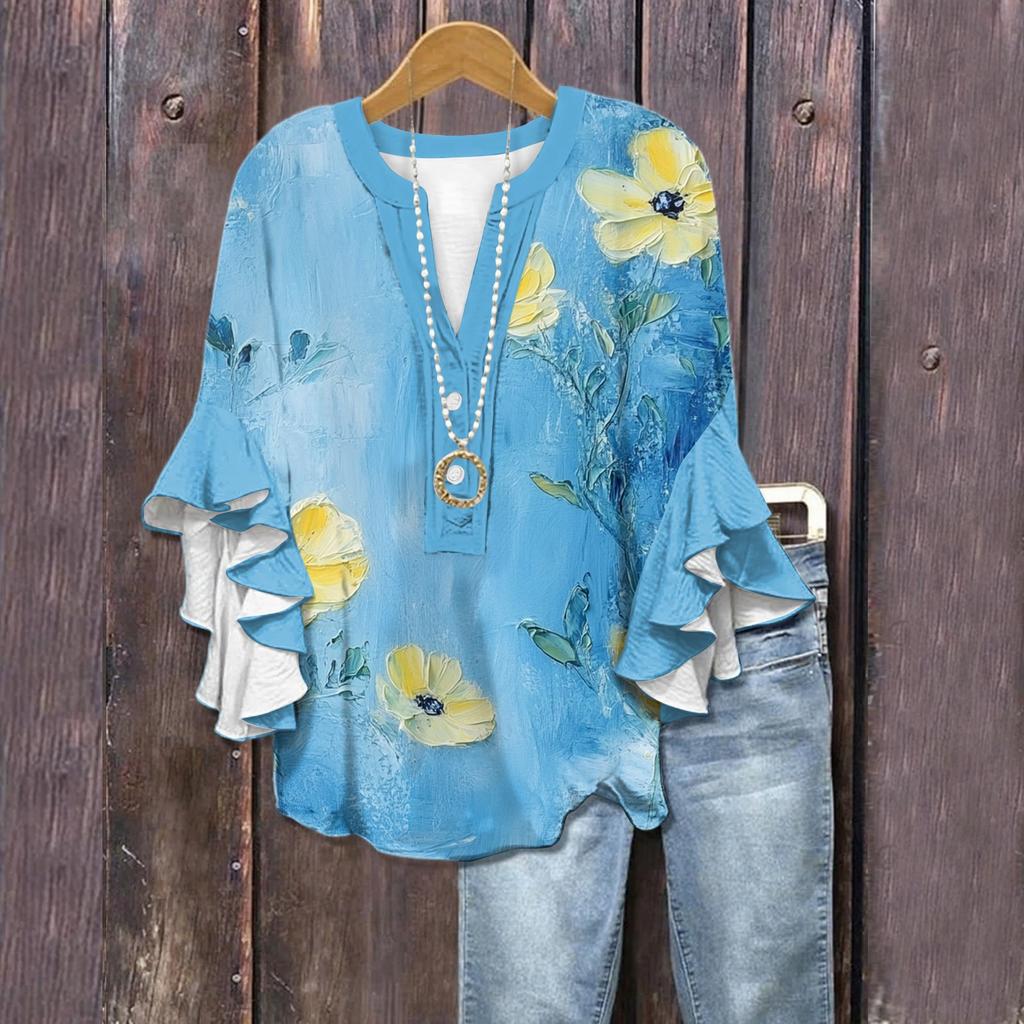 Summer Tops For Women Cute V Neck 3/4 Sleeve Blouses Floral Print Top Casual Shirts