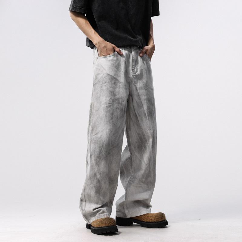 New Spring Tie-dyeed Old Jeans Men's American Straight Wide-leg Loose Work Trousers