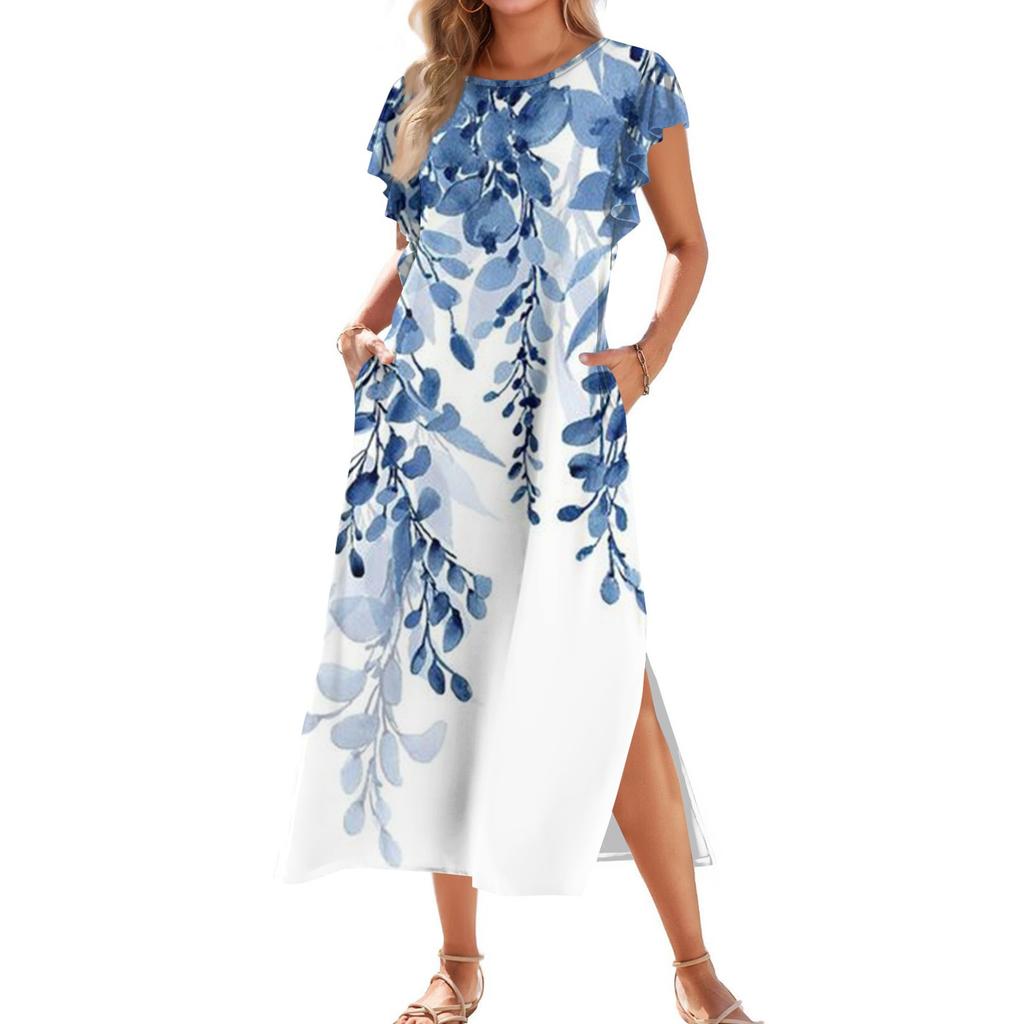 Ladies' Fashionable Summer Casual Pleated Sleeves, Loose Retro Floral Print, Short Sleeves, Round Tie, Pocket Beach Dress