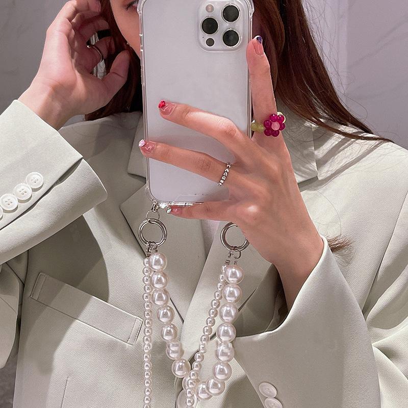 Pearl Bracelets Chain Case with Lanyard Aesthetic Luxury Phone Case for iPhone 17 16 15 14 13 12 11 Pro Max Back Cover