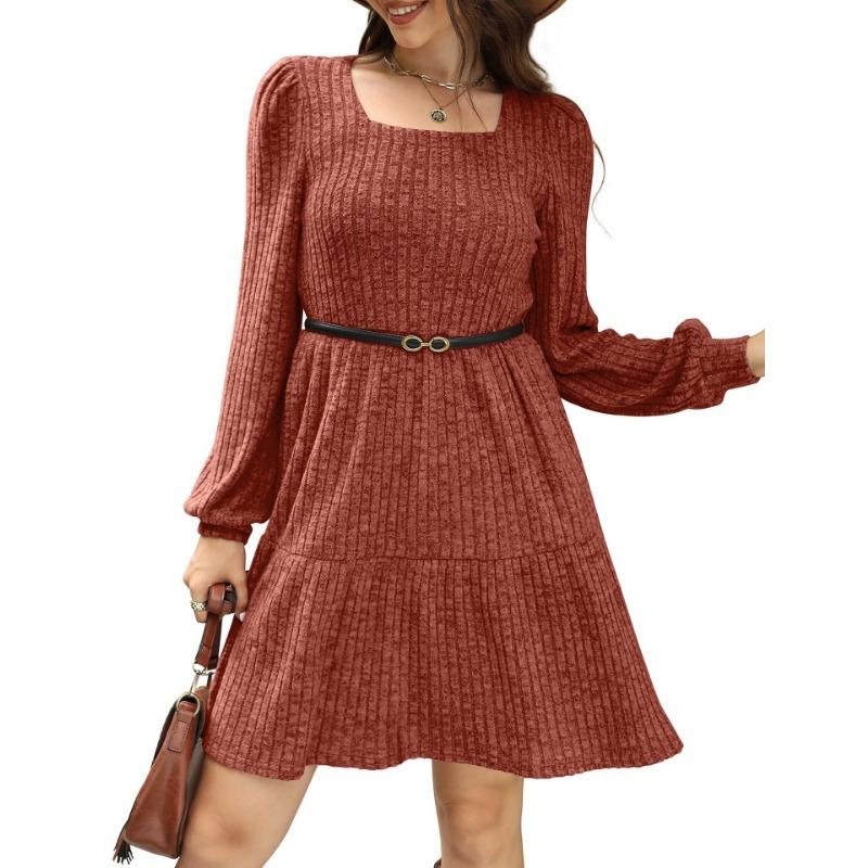 Women's Round Neck Pocket Knit Sweater Long Sleeve A-line Dress