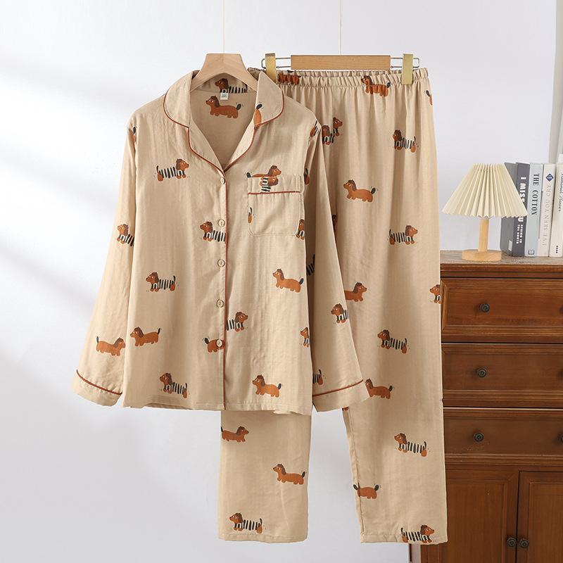 2026 Spring and Autumn New Couple's Pajama Set 100% Cotton Gauze Women's Long Sleeve Two Piece Set Thin Home Clothing