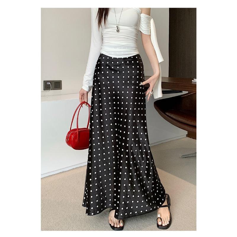 Moda Primavera Verano Elegante Estampado de Lunares Falda Larga Cintura Alta Suelta Ajustada a la Cadera Línea A Faldas de Fiesta Ropa Sencilla Casual para Señoras de Oficina