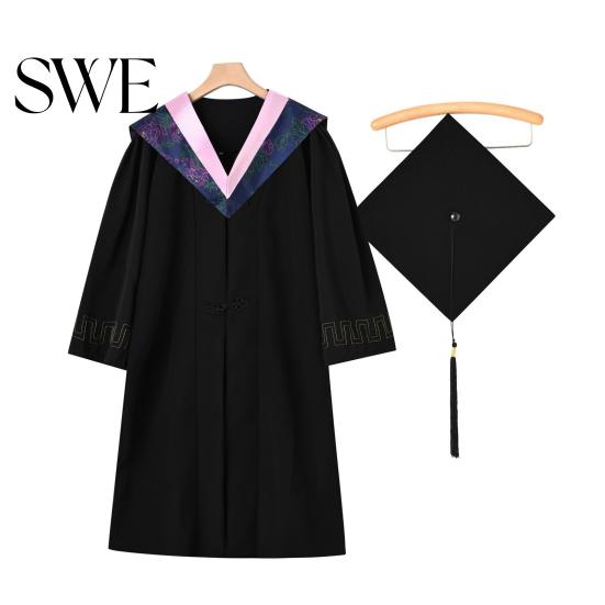 Commencement Outfit Bachelor Uniform Matte Graduation Gown Cap Tassel Set V-Neck Long Sleeve Robe And Ceremonies Photo Props Suit