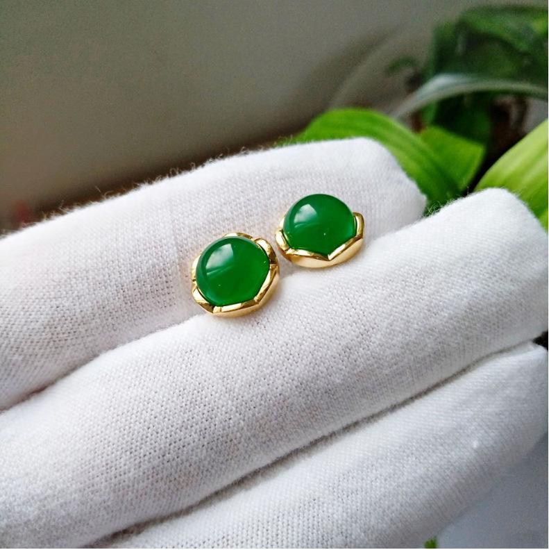 18k Gold-Plated Green Chalcedony and Jasper Stud Earrings for Women