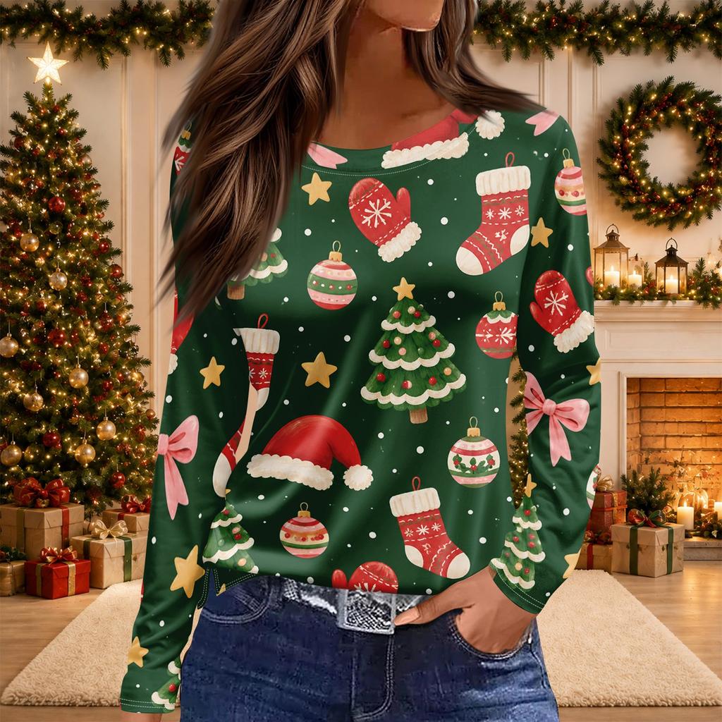 Women's Christmas Print Long Sleeve Top with Round Neck and Side Slit
