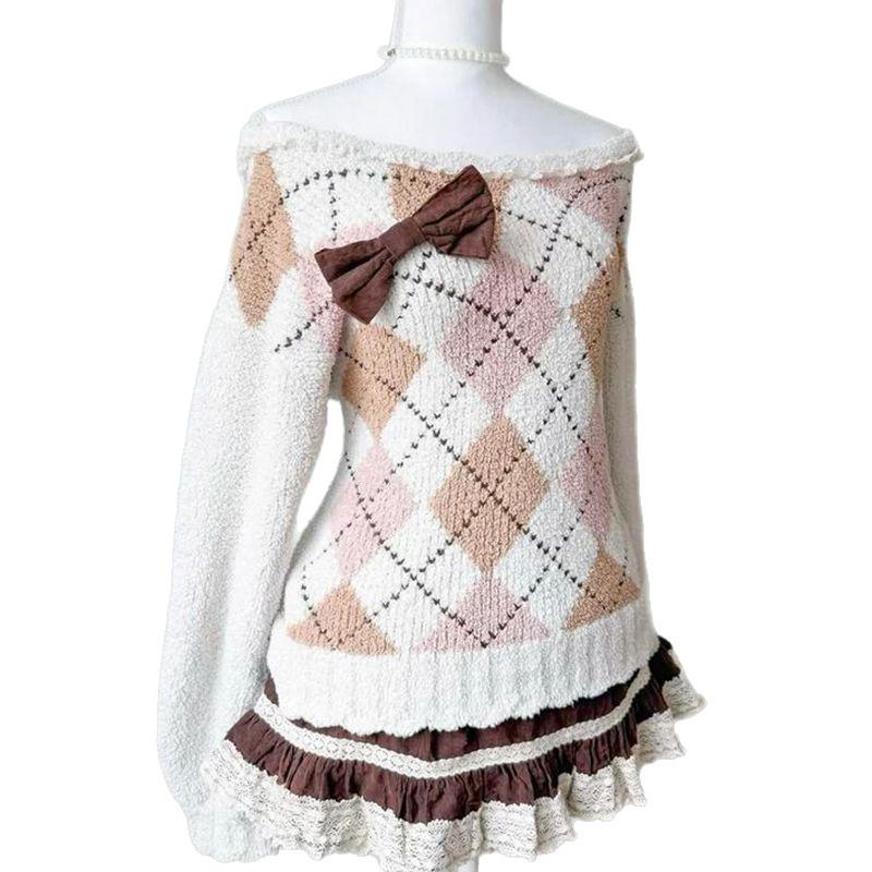 Trendy Plaid Knit Off-Shoulder Ruffle Sweater