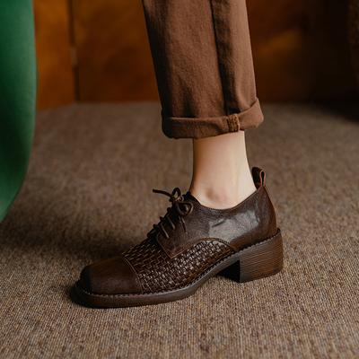 2024 Herbst Damen Pumps Frühling Herbst Arbeit Freizeit Dicke Absätze Schnürung Nähen Echtleder Schuhe Frau Reifer Retro-Stil