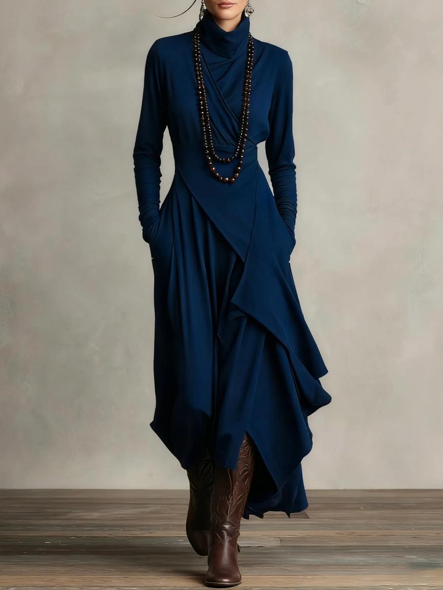 

Oversized Women s Fall Dresses Long Sleeve Cross Neck High Collar Dress M синій