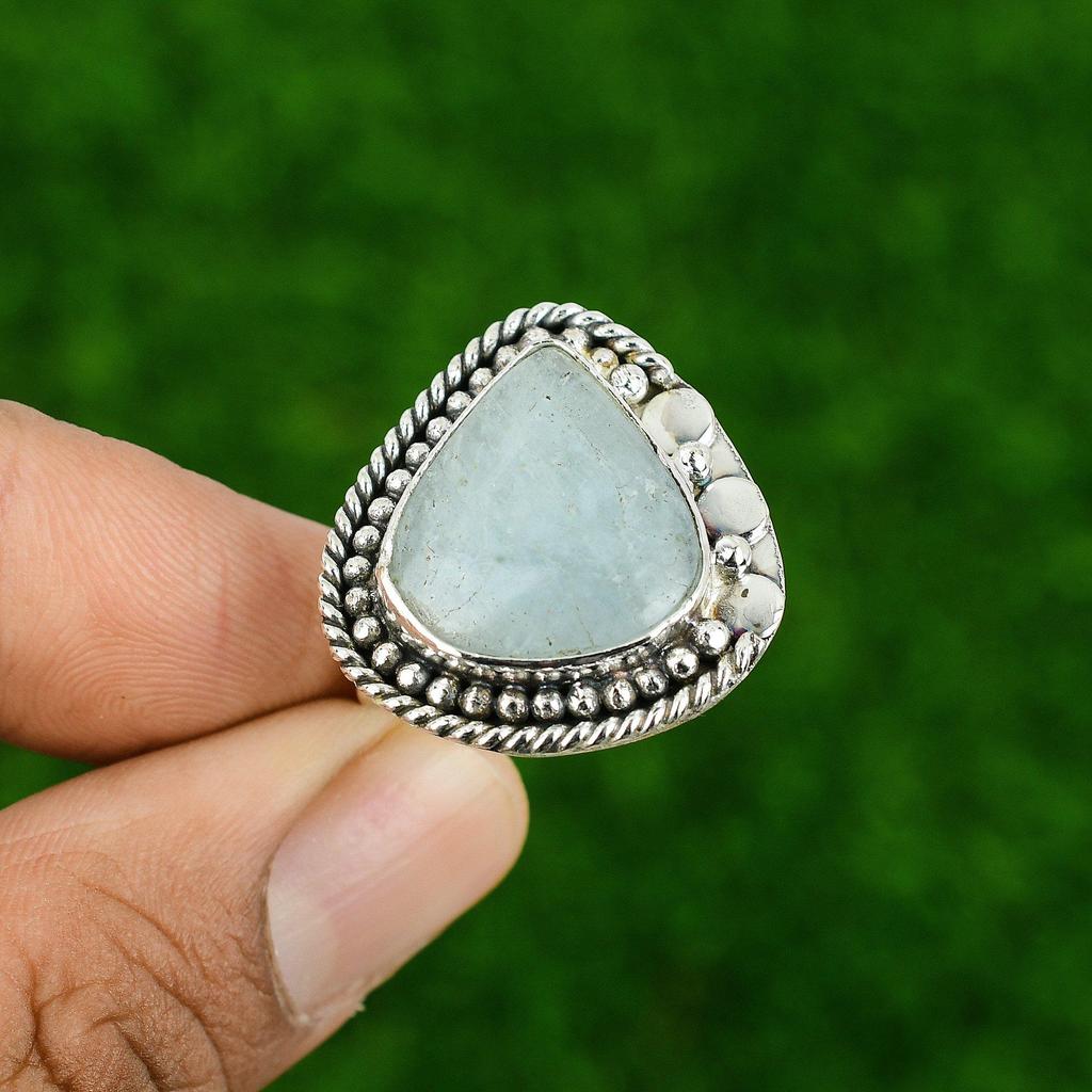 Sterling Silver Aquamarine Stone Birthday Engagement Statement Wife Ring Jewelry