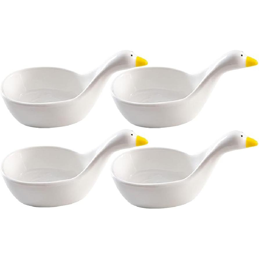 WAIT FLY 4pcs White Porcelain Sauce Dipping Bowl, 4-Inch Appetizer Plate Seasoning Dish, Stackable, Cute Duck Shape