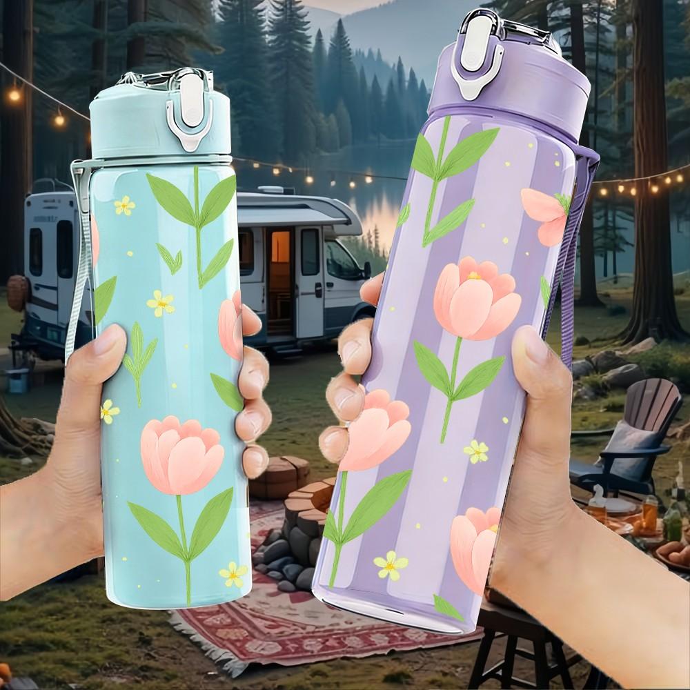 1PC Soft Pink Tulip Floral Seamless Print 750ml Color Plastic Sports Water Bottle Leakproof Flip Straw Lid Suitable for Sports Office Home Use